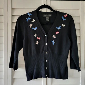 Bloomingdale's Petite Concepts Vintage Black Embroidered 3/4‎ Sleeves Cardigan S